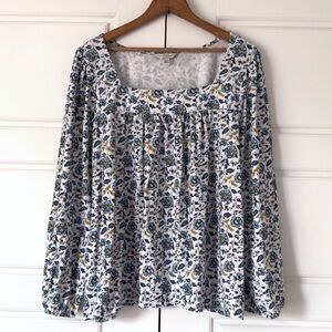 Lucky Brand Floral Babydoll Tunic Top XXL White Blue Cottagecore Peasant Boho